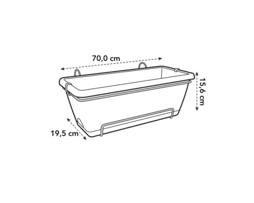 Abbildung eines Blumenkastens mit den Maßen 70,0 cm Länge, 19,5 cm Breite und 15,6 cm Höhe.