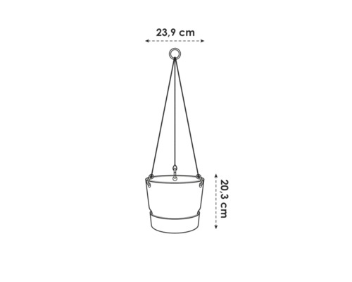 Zeichnung eines Hängetopfes mit den Maßen 23,9 cm Breite und 20,3 cm Höhe.