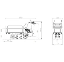 Technische Zeichnung eines Kettendumpers mit Maßangaben