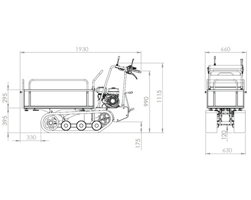 Technische Zeichnung eines Kettendumpers mit Maßangaben