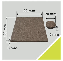 Filzgleiter Set mit den Massen 90 Millimeter mal 100 Millimeter und 28 Millimeter Durchmesser, 6 Millimeter dick