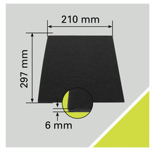 Illustration einer Platte mit den Maßen 210 Millimeter mal 297 Millimeter und einer Stärke von 6 Millimetern.