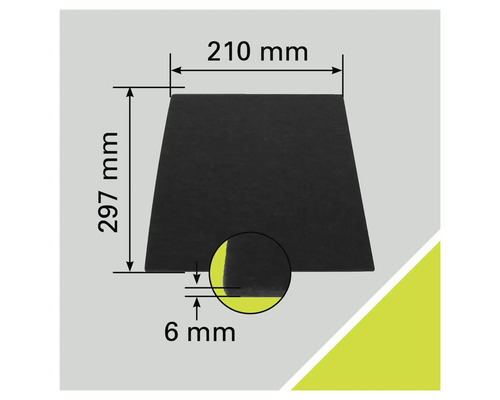 Illustration einer Platte mit den Maßen 210 Millimeter mal 297 Millimeter und einer Stärke von 6 Millimetern.