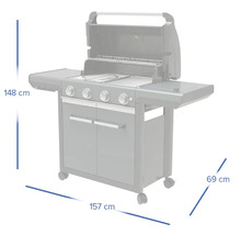 Gasgrill mit den Maßen 148 cm Höhe, 157 cm Breite und 69 cm Tiefe