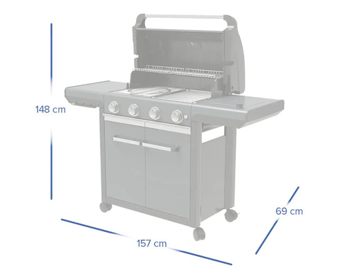 Gasgrill mit den Maßen 148 cm Höhe, 157 cm Breite und 69 cm Tiefe