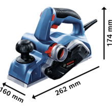 Bosch Professional Elektrohobel mit Maßen: Länge 262 Millimeter, Breite 160 Millimeter und Höhe 174 Millimeter.