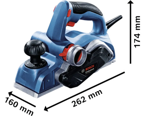 Bosch Professional Elektrohobel mit Maßen: Länge 262 Millimeter, Breite 160 Millimeter und Höhe 174 Millimeter.