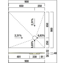 Technische Zeichnung einer Duschwanne mit Maßangaben.