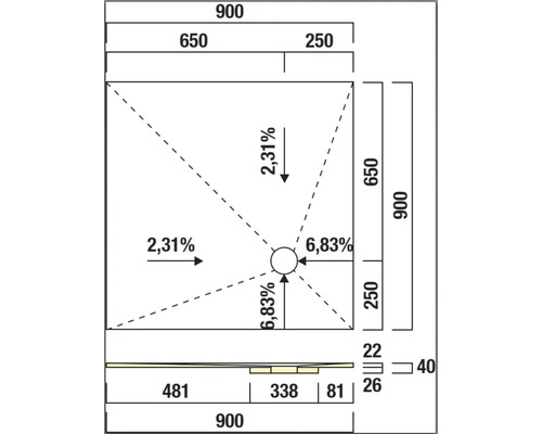 Technische Zeichnung einer Duschwanne mit Maßangaben.