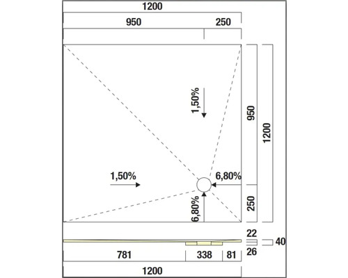 Technische Zeichnung einer Duschwanne mit Maßangaben