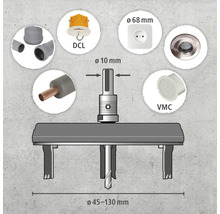 Lochsäge mit verschiedenen Bauteilen wie DCL-Deckenanschlussdose, Steckdose, VMC-Lüftungsventil und Rohrleitungen
