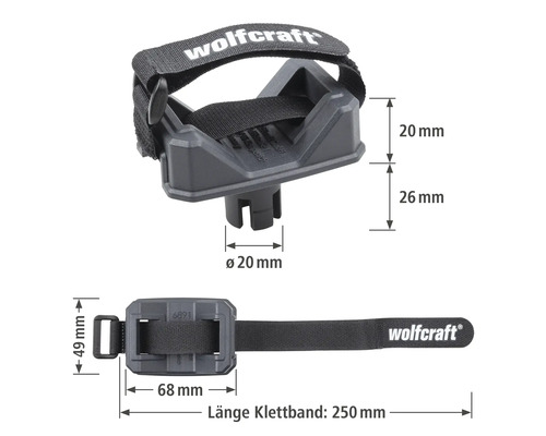 Wolfcraft Bohrmaschinenhalter mit Klettband und Maßangaben