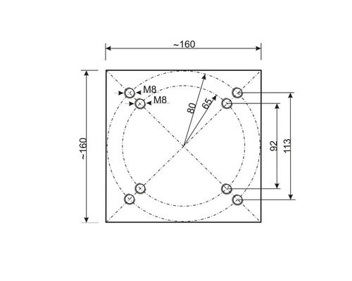 Technische Zeichnung mit Maßangaben für Montage