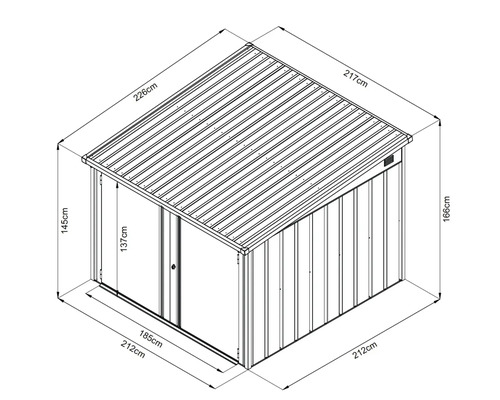Technische Zeichnung eines Gerätehauses mit Maßangaben