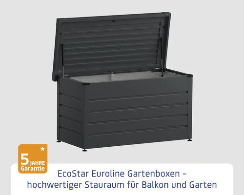 Geöffnete graue Gartenbox mit fünf Jahren Garantie für den Aussenbereich