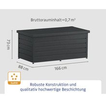 Gartentruhe mit den Maßen 166x88x73 cm und einem Bruttorauminhalt von 0,7 Kubikmetern