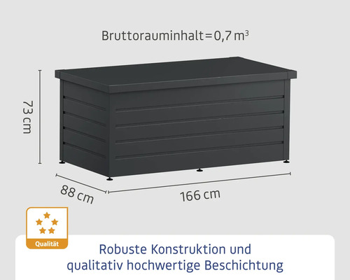 Gartentruhe mit den Maßen 166x88x73 cm und einem Bruttorauminhalt von 0,7 Kubikmetern