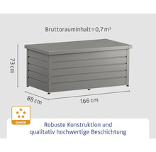 Graue Gartenbox mit den Maßen 166 x 88 x 73 Zentimeter und einem Bruttorauminhalt von 0,7 Kubikmeter.