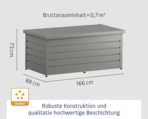 Graue Gartenbox mit den Maßen 166 x 88 x 73 Zentimeter und einem Bruttorauminhalt von 0,7 Kubikmeter.