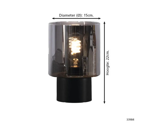 Tischleuchte mit Glaszylinder und einer Höhe von 22 cm und einem Durchmesser von 15 cm.