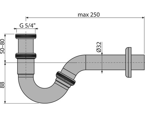 Technische Zeichnung eines Siphons mit Maßangaben