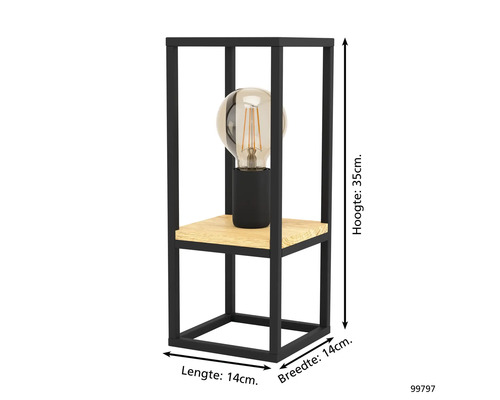 Dekorative Tischleuchte mit einem schwarzen Metallrahmen und einer Glühbirne, Höhe circa 35 cm.