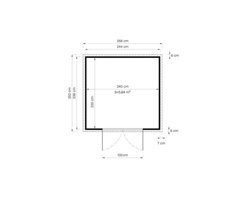 Grundrisszeichnung mit Maßen: 258 cm breit, 252 cm tief, Innenfläche 5,64 Quadratmeter
