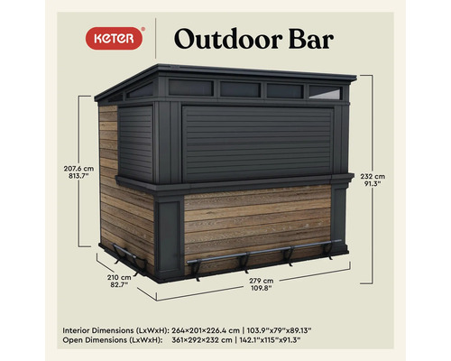Keter Logo. Detailansicht einer Outdoorbar mit Maßangaben.