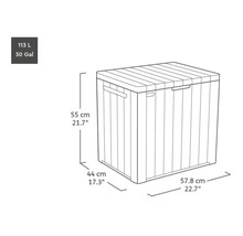 Abbildung einer Aufbewahrungsbox mit den Maßen 55 cm Höhe, 44 cm Breite und 57,8 cm Länge.