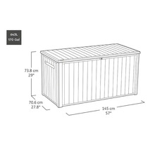 Abbildung einer Gartenbox mit den Maßen 73,8 cm Höhe, 70,6 cm Tiefe und 145 cm Breite.