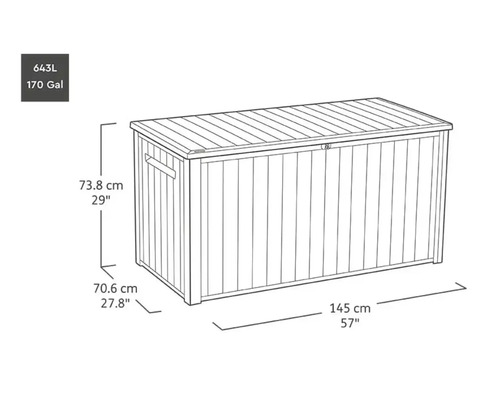 Abbildung einer Gartenbox mit den Maßen 73,8 cm Höhe, 70,6 cm Tiefe und 145 cm Breite.