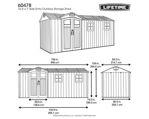 Abbildung eines Gerätehauses mit seitlichem Eingang und Maßangaben