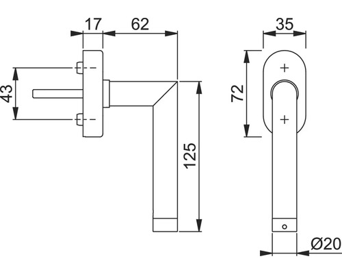 Technische Zeichnung eines Türgriffs mit Maßangaben