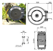 EBInger Schlauchbox mit Schlauch und technischen Zeichnungen