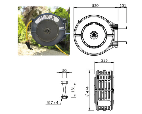 EBInger Schlauchbox mit Schlauch und technischen Zeichnungen