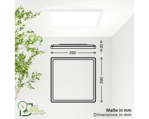 Abmessungen einer LED-Deckenleuchte mit den Maßen 290 x 290 x 30 Millimeter