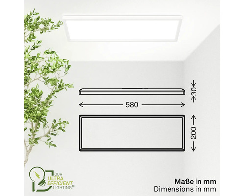 LED-Panel mit Maßangaben und Logo Ultra Efficient Lighting