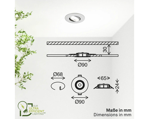 Deckeneinbaustrahler mit Maßangaben in Millimeter