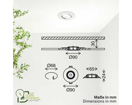 Deckeneinbaustrahler mit Maßangaben als technische Zeichnung