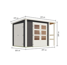 Gartenhaus mit Doppeltür und Anbaudach mit Maßangaben