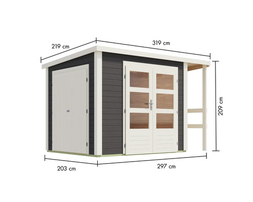 Gartenhaus mit Doppeltür und Anbaudach mit Maßangaben