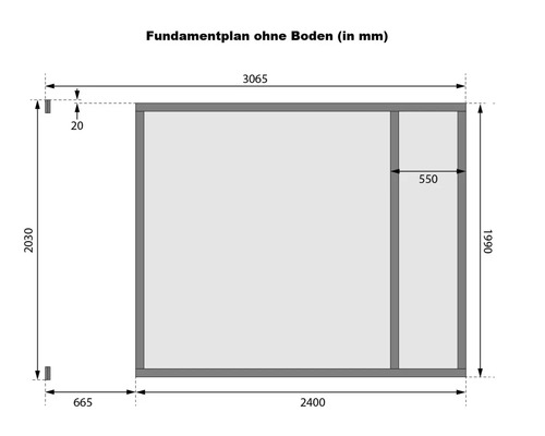Fundamentplan ohne Boden mit Maßangaben in Millimeter