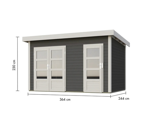 Gartenhaus mit Doppeltür und Einzeltür, Abmessungen 364 x 244 x 230 cm