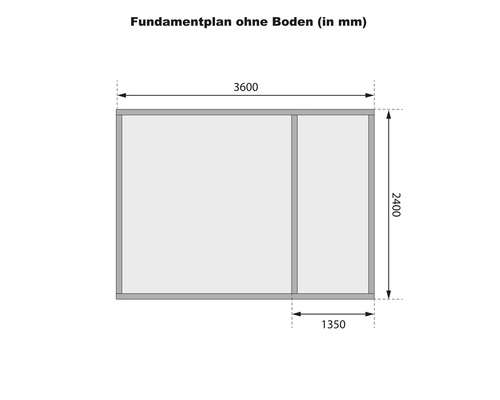 Fundamentplan ohne Boden mit Maßangaben in Millimeter