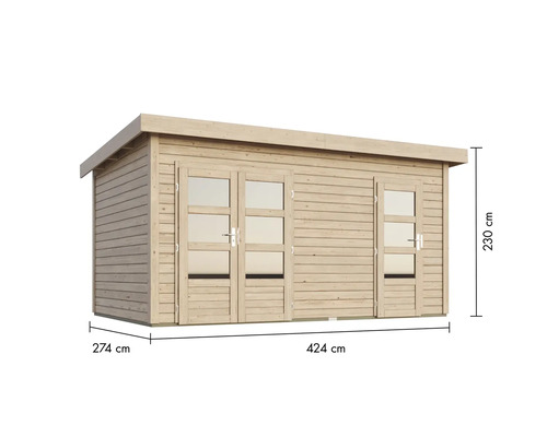 Gartenhaus aus Holz mit zwei Türen und den Maßen 274 cm x 424 cm x 230 cm