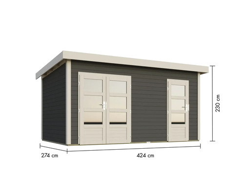 Gartenhaus aus Holz mit Doppeltür und Einzeltür, Abmessungen 274 mal 424 mal 230 Zentimeter