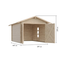 Holzgarage mit Tür und Größenangaben
