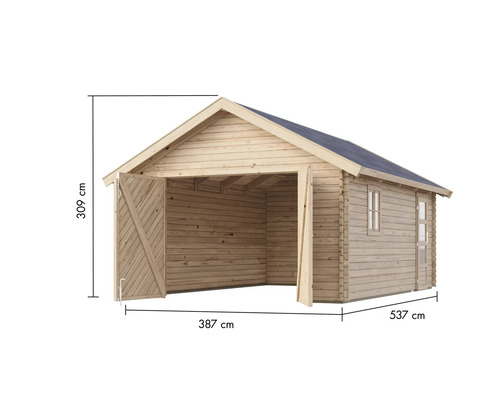 Holzgarage mit Doppeltür und Fenster, Abmessungen 387 x 537 x 309 cm