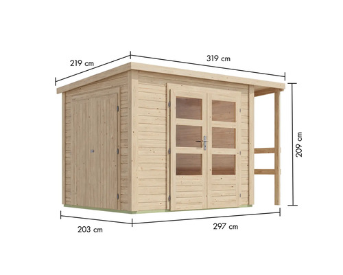 Holzgartenhaus mit Abmessungen 219 cm x 319 cm x 209 cm