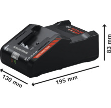 Bosch Ladegerät mit den Maßen 195 mm Länge, 130 mm Breite und 83 mm Höhe